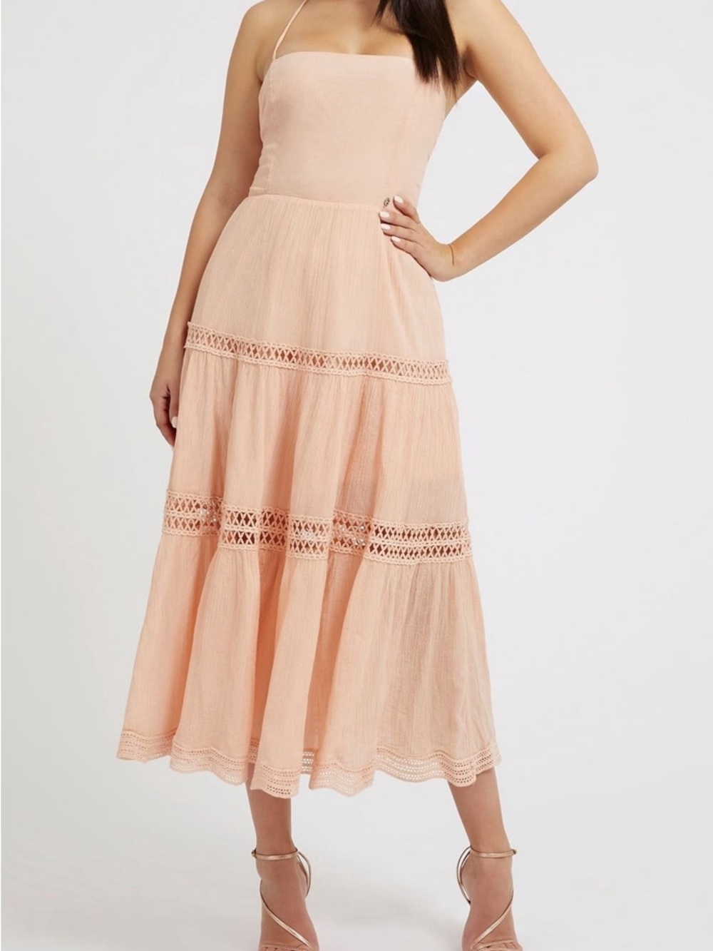Guess Salmon Lace-Up back less design Maxi day dress design and a tiered skirt. - Picture 2 of 7
